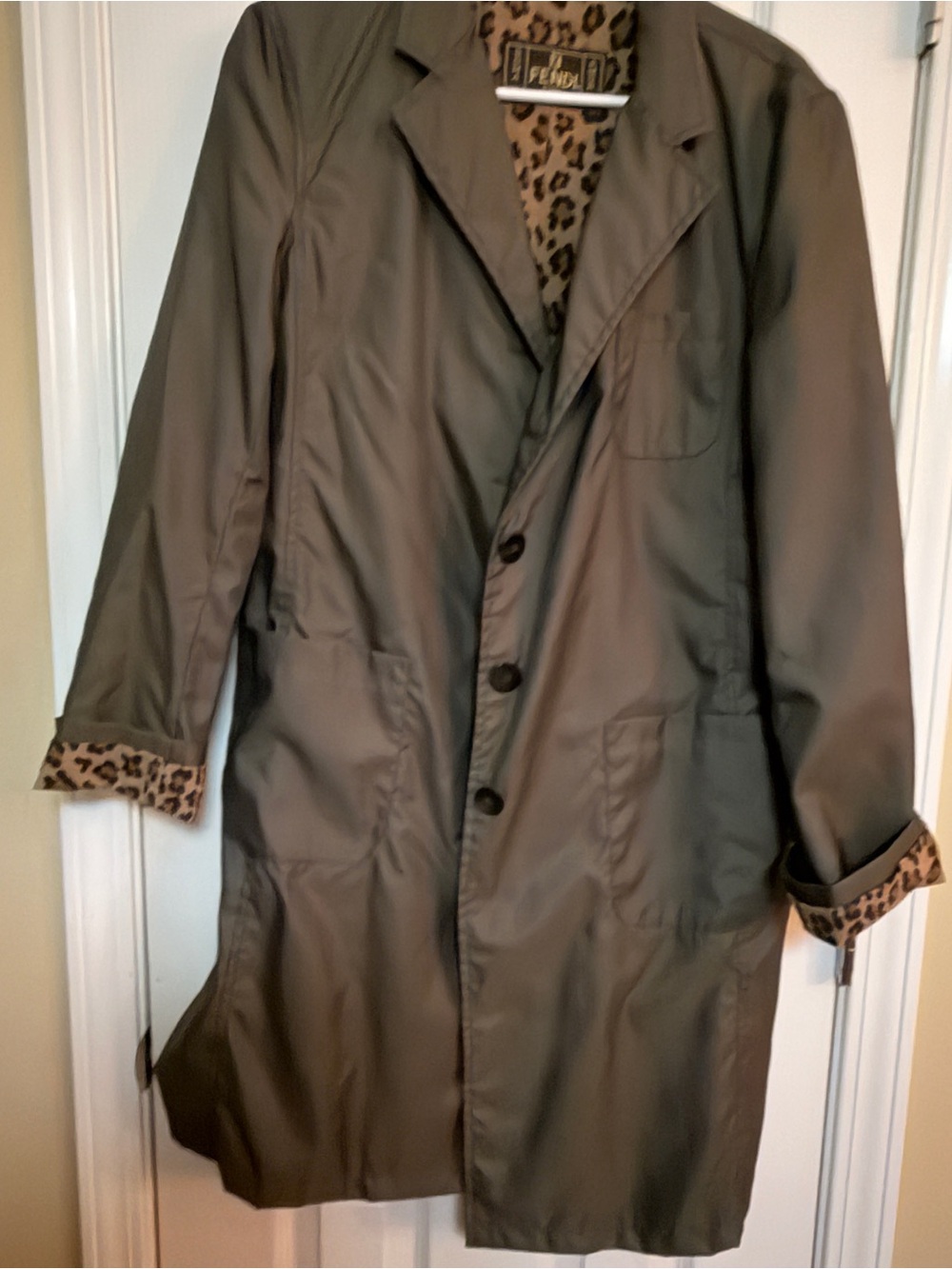 Vintage Fendi Olive Green Long Coat with Leopard Lining- authentic